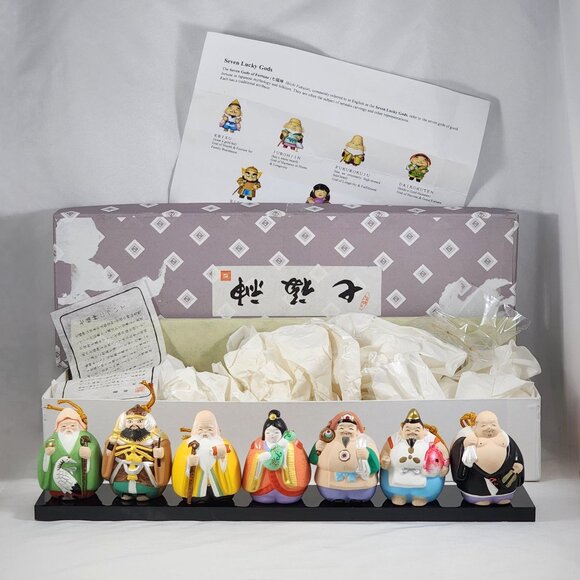 Rare Kyugetsu Seven Lucky Gods Bell Figurines Boxed Set Japanese Shichifukujin - Picture 1 of 10